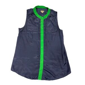 J Crew Sleeveless Top Navy/Kelly Green Tiny Snag By Top Button Sz 12